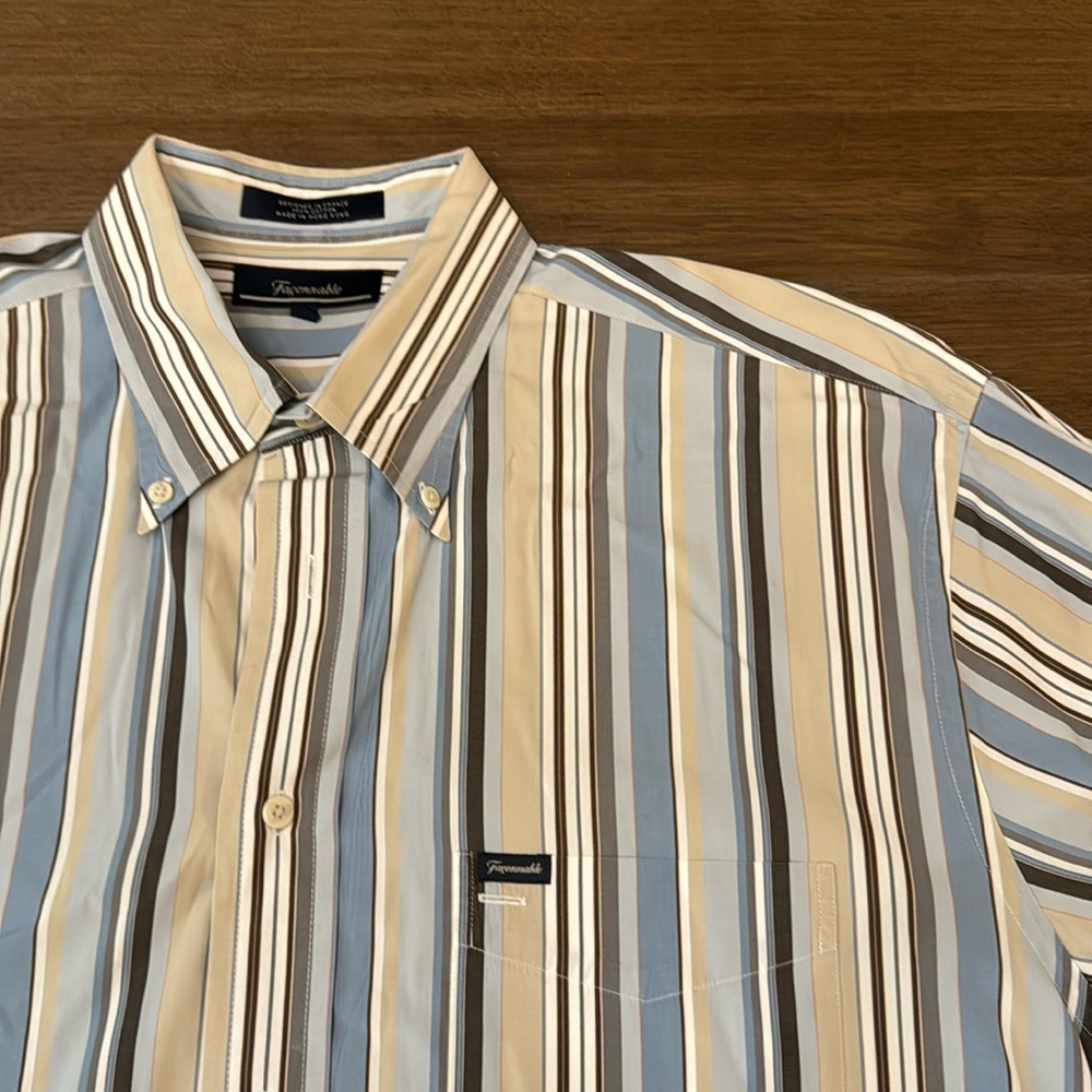 Faconnable Men's Tan/Brown/Blue Striped Large Shirt